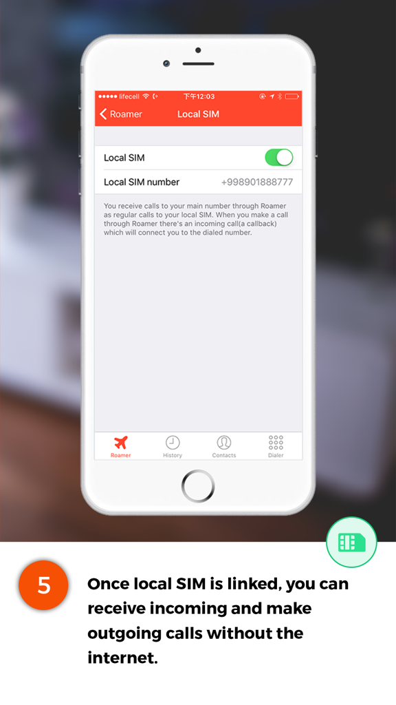 Interfaz de la aplicación Roamer para vincular una tarjeta SIM local y realizar llamadas internacionales sin internet.