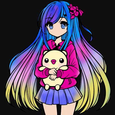 a girl with long hair holding a plushie also anime styled