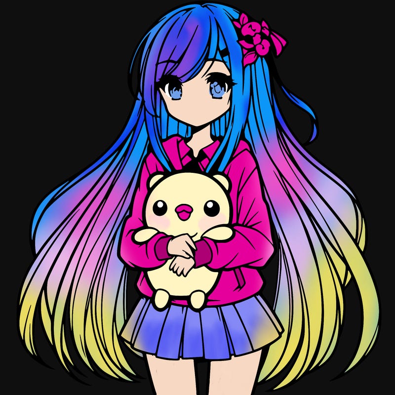 a girl with long hair holding a plushie also anime styled