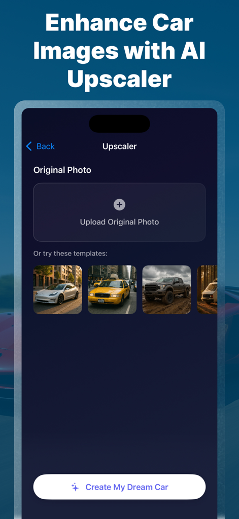 AI Car Tuning Designer Tool - AI Car Tuning Designer Tool app screen showing the upscaler feature with options to upload a car photo or choose from templates