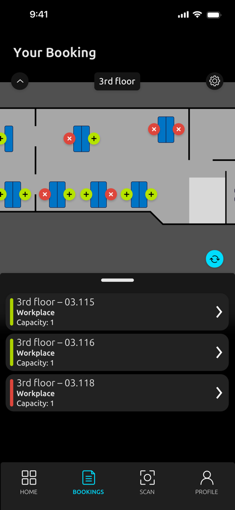 Gingco Share - Mobile app interface displaying an office floor plan with available and occupied desk spaces for booking