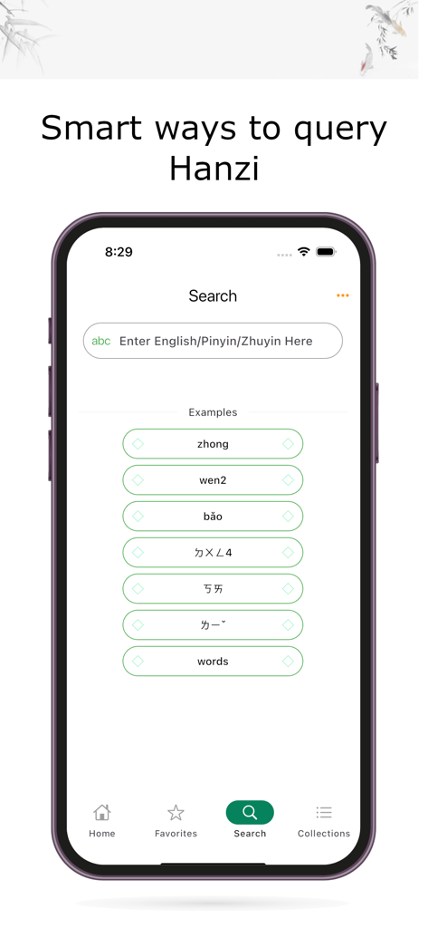 병음 및 주음 포함 다양한 쿼리 방법을 보여주는 중국어 한자 사전 앱의 검색 화면
