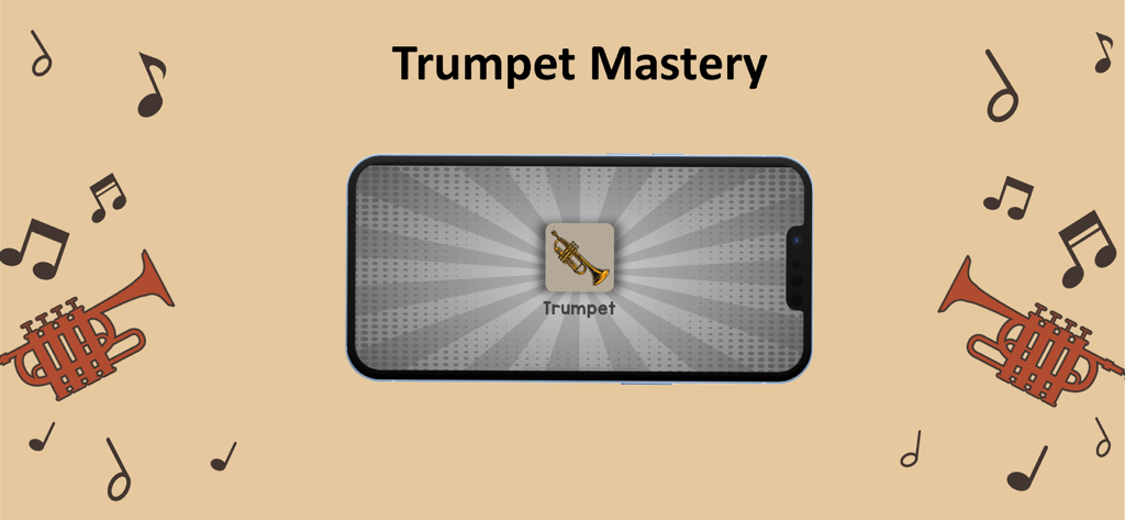 Trumpet Maestro - Trumpet Maestro app interface on a smartphone with musical notes and trumpet illustrations