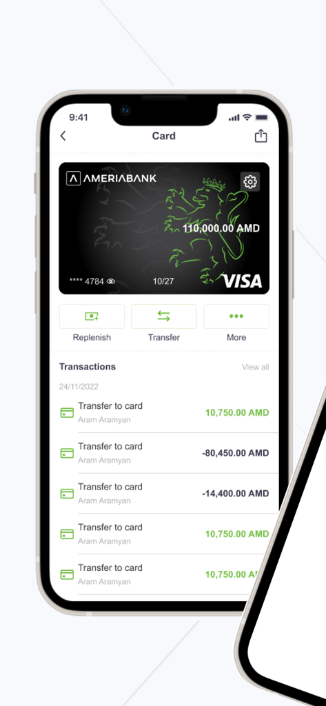 Ameria Mobile Banking - Ameria Mobile Banking app interface showing a Visa card balance and transaction history in Armenian Dram.