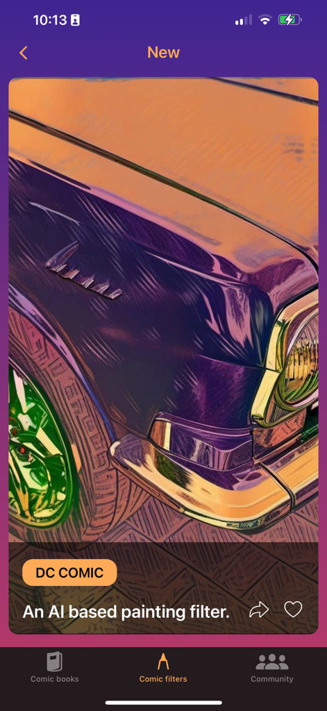 Stylo - AI Comic Artist - A classic car processed with a DC Comic style AI filter in the Stylo app interface