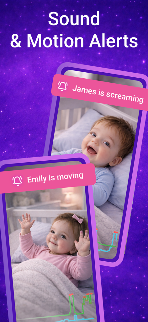 Nani – Baby Monitor - Two smartphones displaying sound and motion alert notifications from the Nani baby monitor app