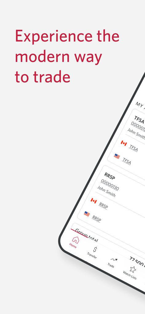 CIBC Mobile Wealth - Interface de l'application CIBC Mobile Wealth montrant les comptes de placement CELI et REER sur un téléphone mobile avec un slogan sur la négociation moderne.