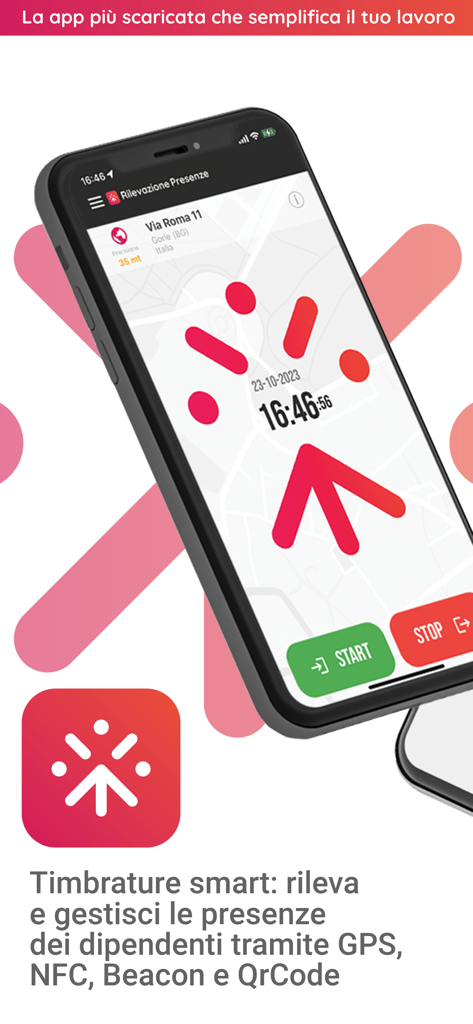 Rilevazione presenze e accessi - Bildschirm eines Smartphones, der eine professionelle Oberfläche einer Anwesenheitserfassungs-App mit Start- und Stopp-Buttons und GPS-Standortdetails anzeigt