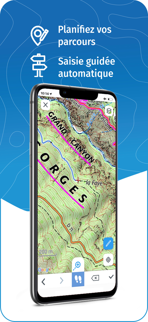 Interfaccia dell'app WeTrek che mostra una mappa topografica dettagliata con strumenti di pianificazione del percorso