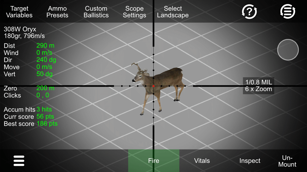 Hunting Simulator - Interface of the Hunting Simulator app showing a rifle scope view of a deer with technical ballistic data