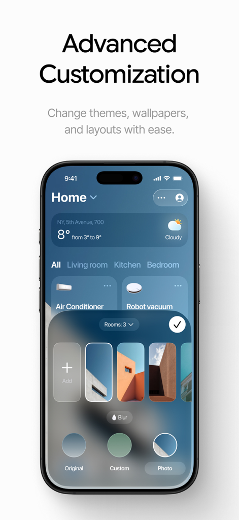 Interfaz de la Smart Life Home App mostrando opciones de personalización avanzadas para temas y fondos de pantalla