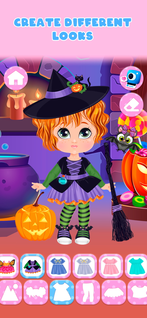 A cute baby doll wearing a witch costume in a Halloween themed dress up game for girls