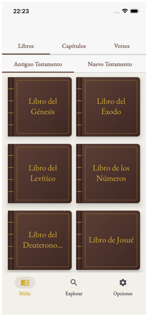 Tela do aplicativo Bibl-IA exibindo a lista de livros do Antigo Testamento em espanhol
