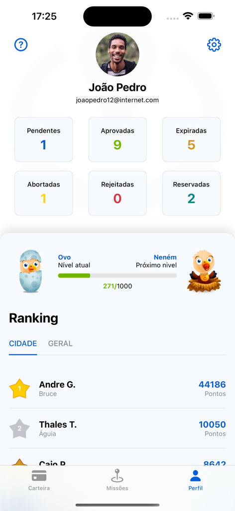 Tela do perfil do usuário do aplicativo PiniOn mostrando estatísticas de missões, progresso de nível e ranking local