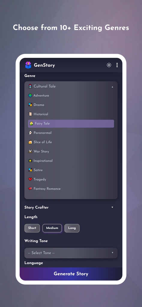 GenStory: AI Story Creator - Uma captura de tela do aplicativo GenStory mostrando o menu de seleção de gênero da história com opções como aventura de conto de fadas e drama