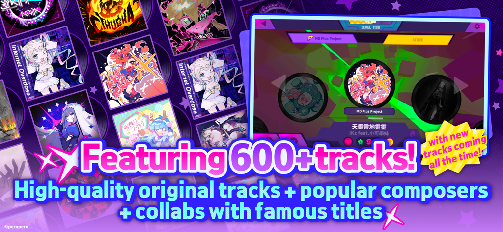 Muse Dash game interface showcasing over 600 music tracks with vibrant anime-style album art and neon pink aesthetic.