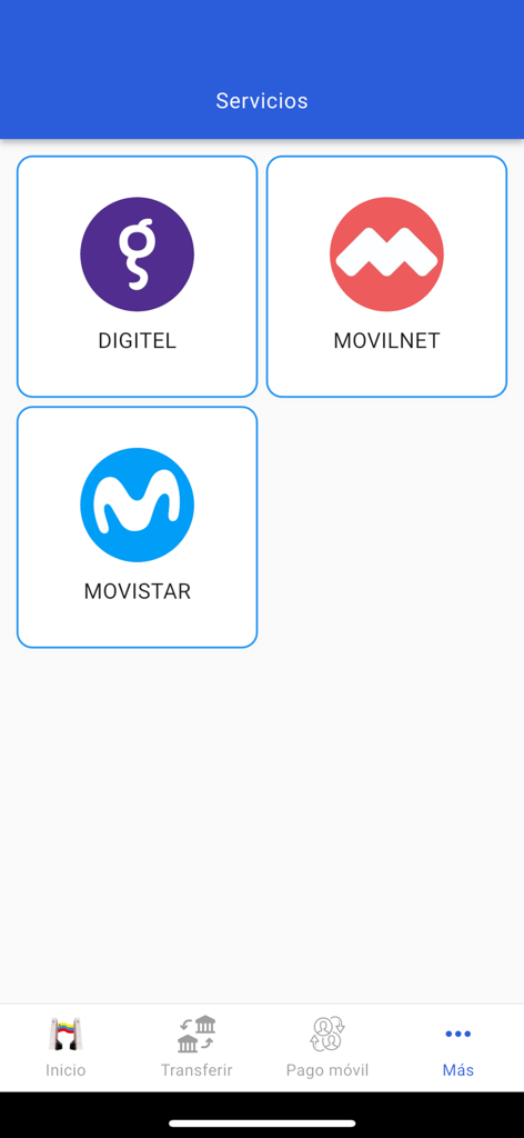 BANFANB APP - BANFANB app services screen with mobile recharge options for Digitel Movilnet and Movistar