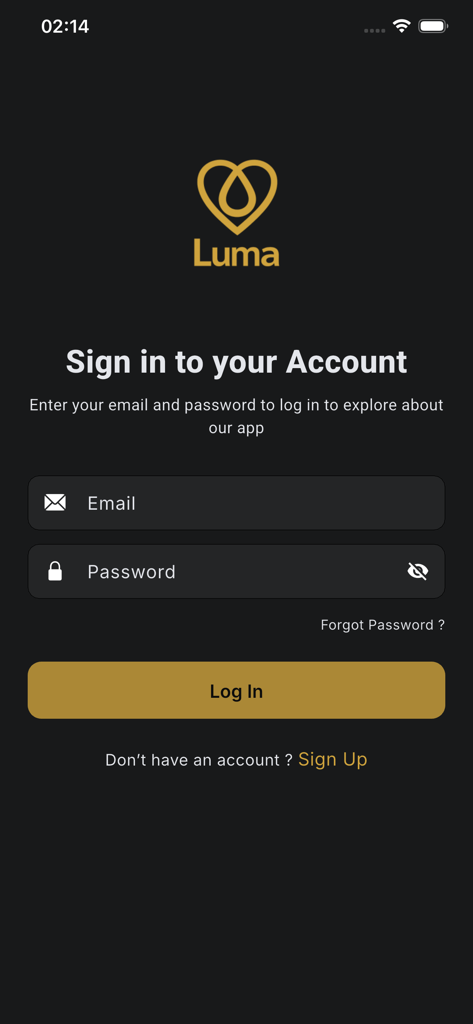 Luma Wellness - Tela de login do aplicativo Luma Wellness com campos de e-mail e senha