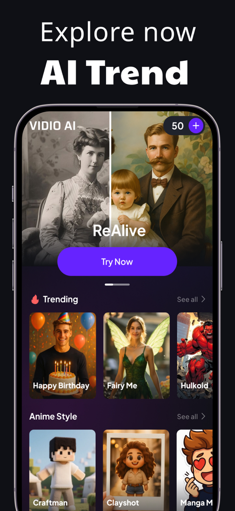 AI Video Generator: VIDIOAI - Interface of the VidioAI app showing trending AI video styles like Fairy Me and Anime styles.