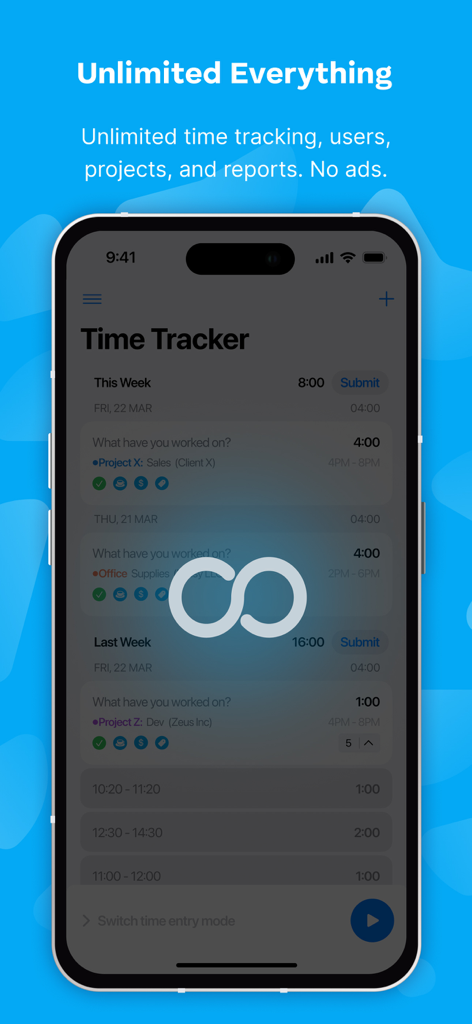 Clockifyアプリのインターフェース：iPhoneで無制限の時間追跡とプロジェクト管理機能を表示