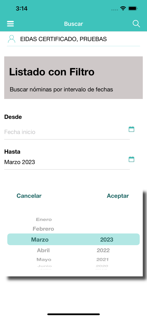 Interfaz de la app mGerhonte que muestra un filtro de rango de fechas para la búsqueda de nóminas