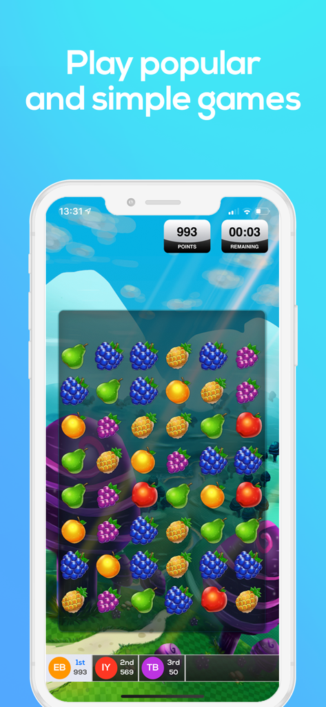 Duelit - Real Money eSports - Duelit Fruit Smash match-3 mobile game interface showing fruit icons and leaderboard