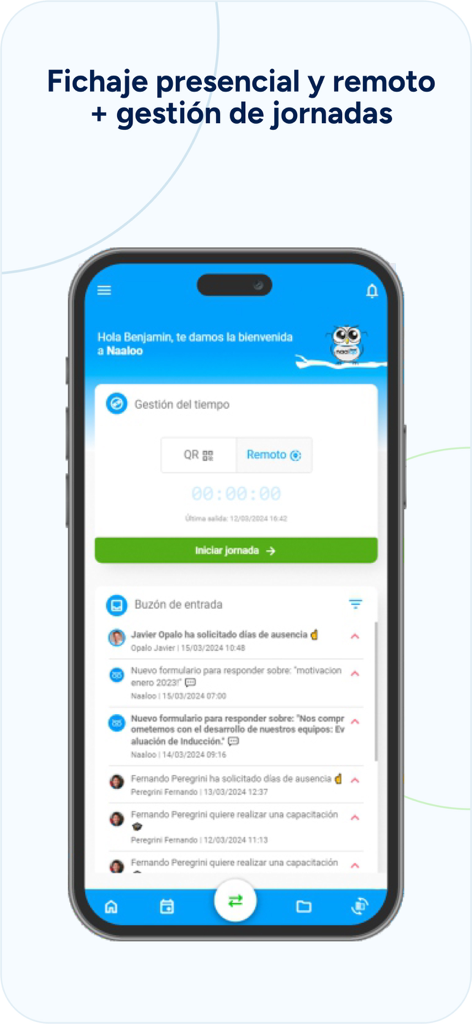 Naaloo - Naaloo HR app interface showing time management and employee notifications