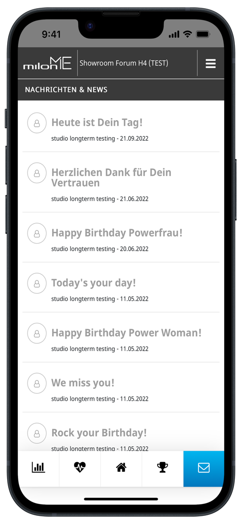 milon ME app messaging screen displaying gym news and trainer notifications