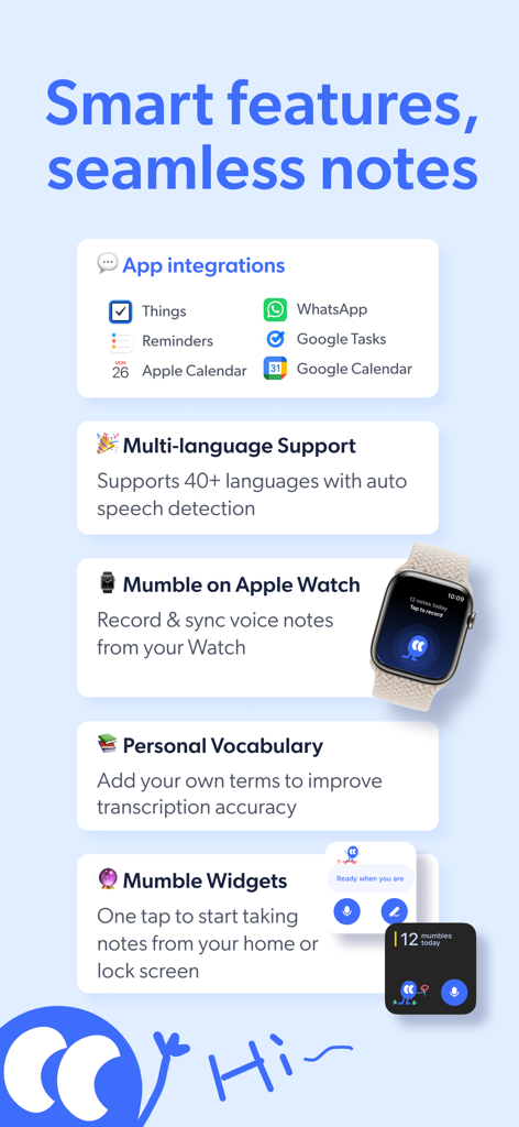 Mumble Note: AI Note Taker - Infografía que muestra las funciones de Mumble Note, incluidas integraciones de aplicaciones, soporte multilingüe, sincronización con Apple Watch y widgets de pantalla de inicio.