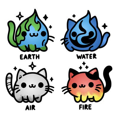 4 cats that represent the different elements, earth, water, air, and fire