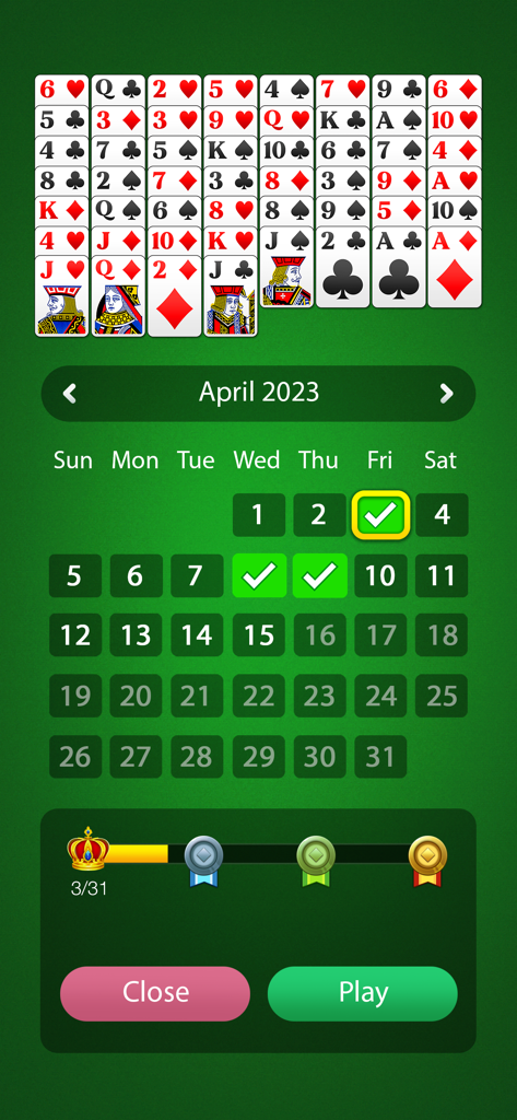 FreeCell Solitaire (Classic) - A calendar view in FreeCell Solitaire showing daily challenge progress and monthly rewards.