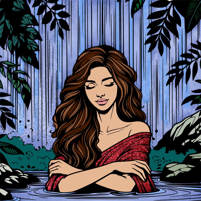 realistic female model under waterfall