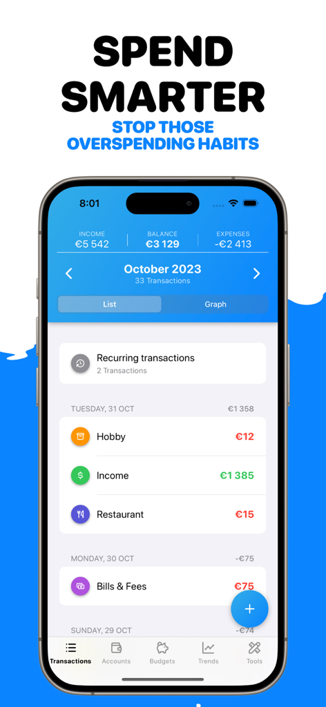 No Spend Tracker - Many - A screenshot of the Many app transaction screen displaying monthly income and expenses by category