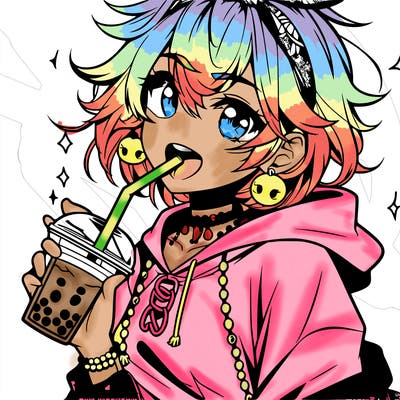 hot baddie anime girl drinking boba and biting the straw