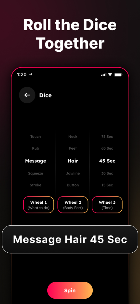 Couple Questions Games: SpicyQ - Pantalla de la aplicación SpicyQ que muestra una función de dados gamificada para parejas con acciones y temporizadores personalizables