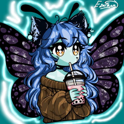 a realistic butterfly/furry girl drinking boba