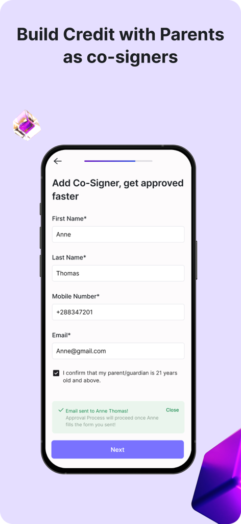 Earnifi: Rent, Early Pay, Cash - Earnifi mobile app screen showing the option to add a parent as a co-signer to build credit faster.