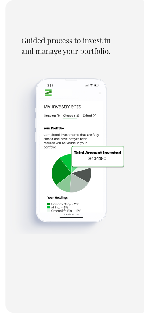 EquityZen mobile app interface showing a private investment portfolio with a pie chart and total amount invested.