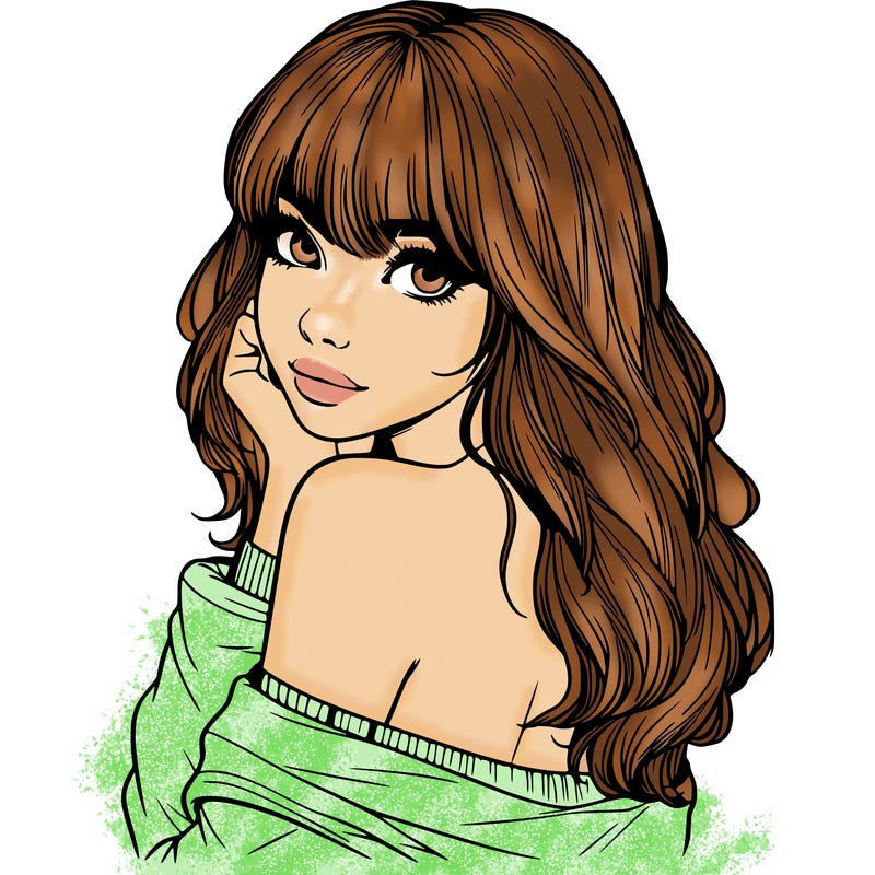 realistic girl with bangs looking over her shoulder