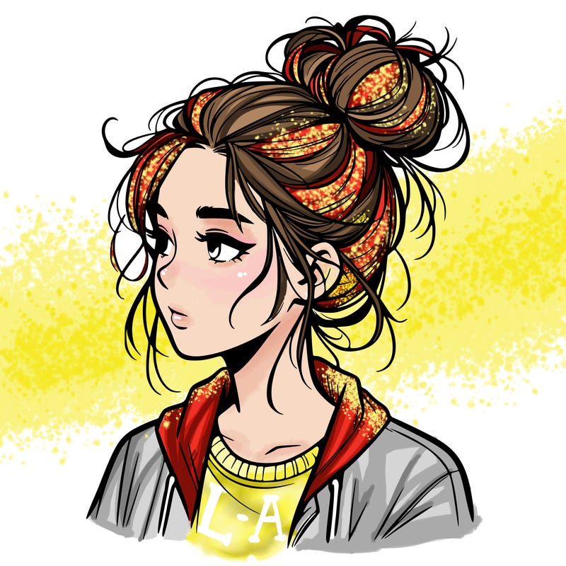 realistic teenage girl with a messy bun