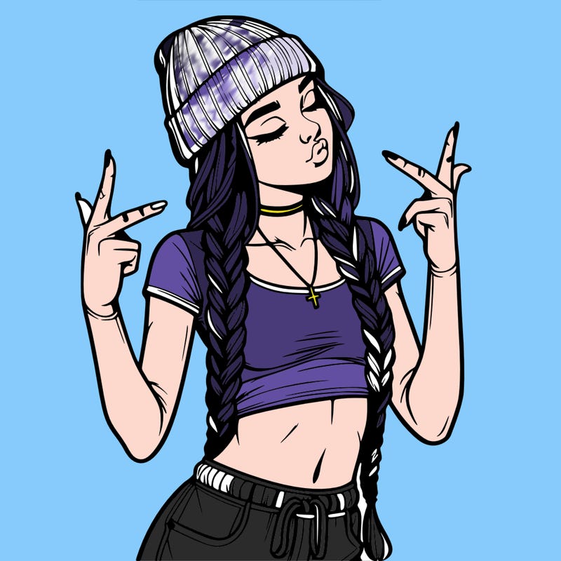 realistic teenage girl with braids and a beanie and crop top doing 🫶🏼