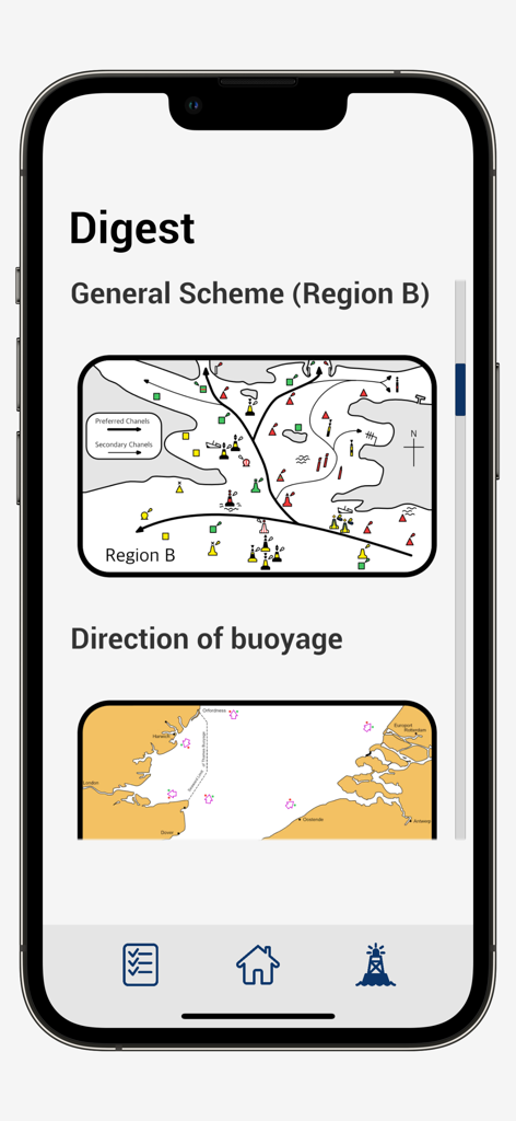 IALA System - Educational digest screen of the IALA System app showing nautical maps with navigation buoys and markers for Region B.