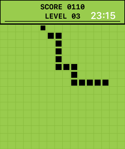 Snake Classic Watch - Gameplay of classic snake on a retro green pixelated screen displaying score and levels