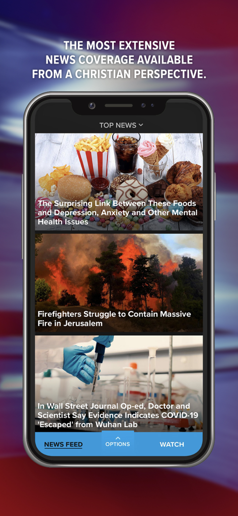 CBN News app displaying top headlines with a Christian perspective on a smartphone screen.