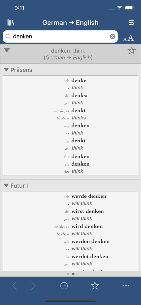 Ultralingua - Ultralingua mobile app interface showing German to English verb conjugation for the word denken in various tenses