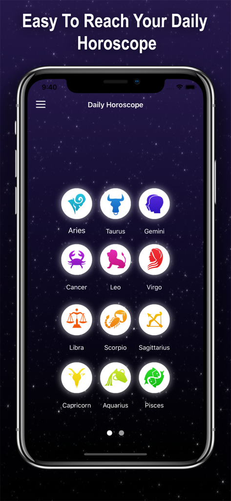 별이 빛나는 배경에 12개 별자리 아이콘이 모두 표시된 운세 및 점성술 앱 인터페이스