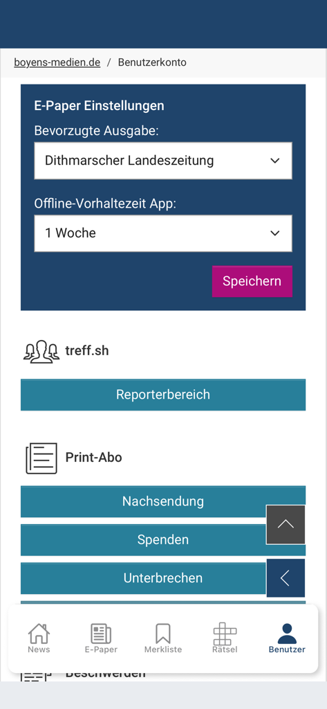 Benutzerkontoeinstellungen in der Boyens Medien App mit E-Paper-Präferenzen und Abonnementverwaltung