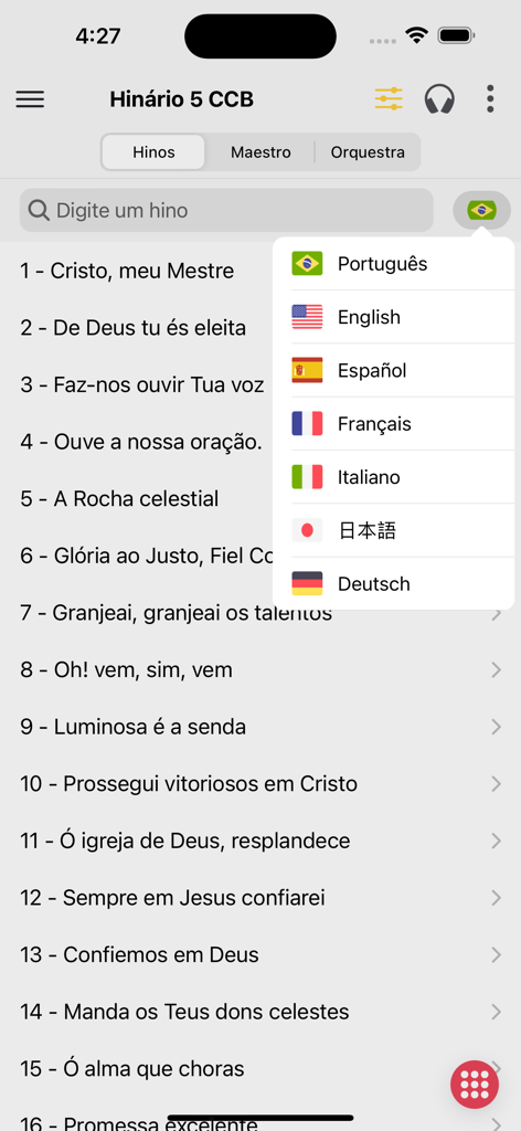 Hinário 5 CCB - Hinario 5 CCB app interface showing a list of hymns and a language selection menu.