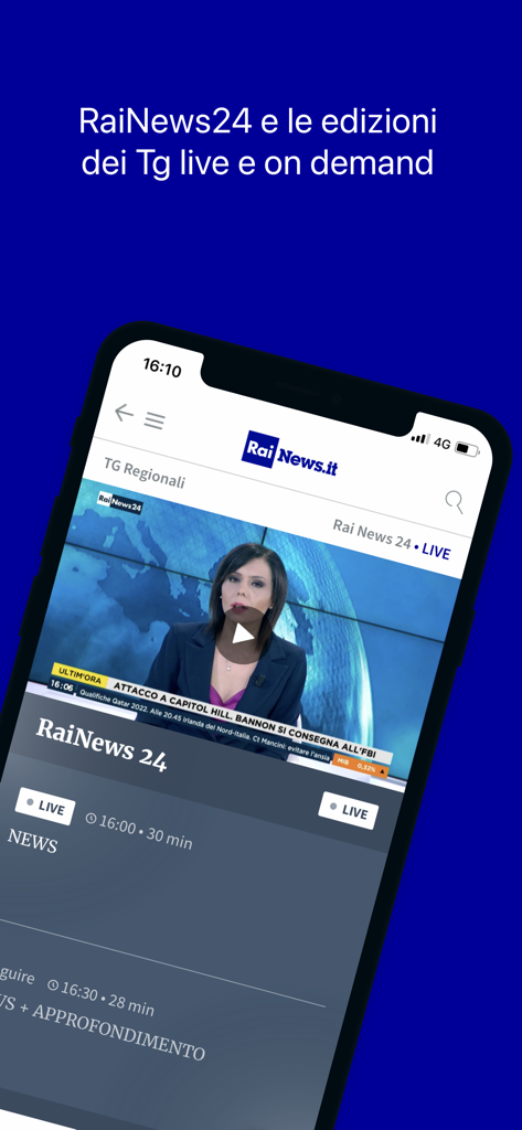 RaiNews - RaiNews app interface showing live Italian news broadcast on a smartphone
