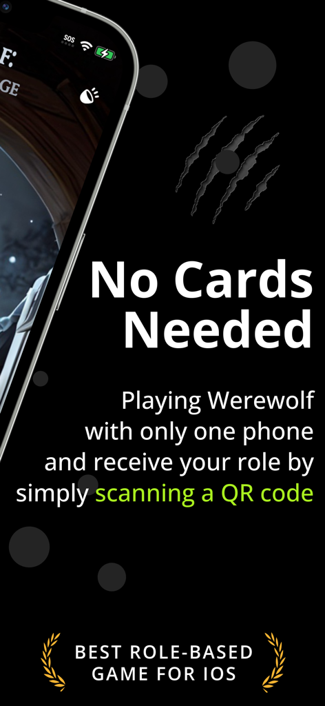 실제 카드가 필요 없는 QR 코드 역할 할당 기능을 보여주는 iPhone의 소셜 추리 게임 Werewolf Mafia